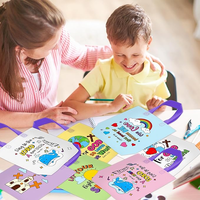 Cartoon Coloring Goodie Bags for Kids - 24Pcs Easter Religious Theme Bulk Color Your Own Gift Bags with Handle Christian Bible Reusable Non Woven Coloring Tote Packet for DIY Crafts Easter Party Favor
