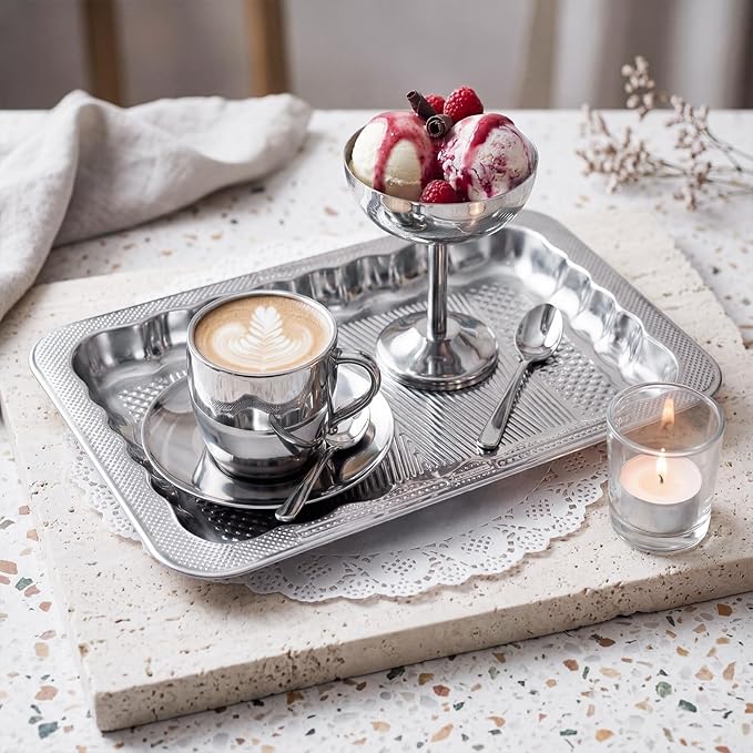 4 Pack 17.5" x 13.6" Large Silver Serving Trays for Dessert Table Stainless Steel Platters Floral Engraved Mirror Serving Platters for Wedding, Desserts, Party Food Display (Retro)