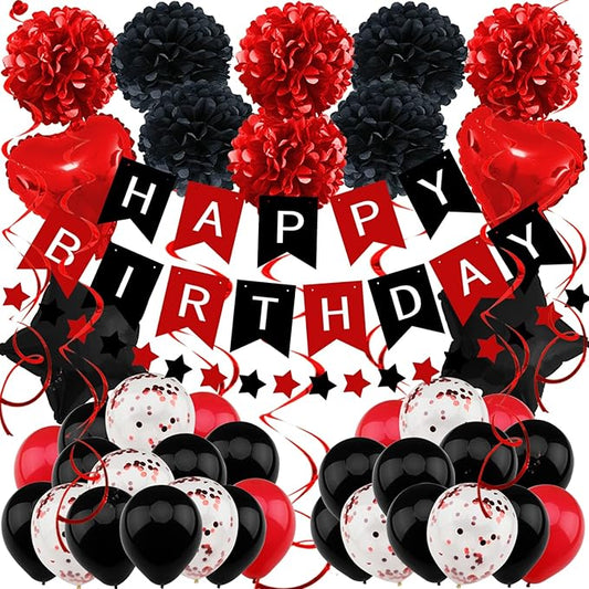 ZERODECO Birthday Decorations - Black & Red Party Decorations with Happy Birthday Banner, Pompoms, Balloons for Boys, Girls, Men & Women
