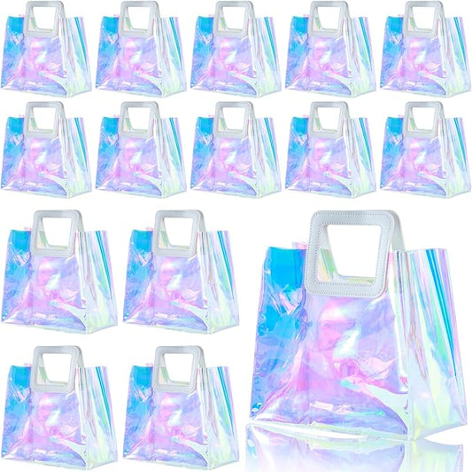 GcFoir 15 Pcs Small Iridescent Gift Bags with Handles 11''x9.8''x5.7'' Holographic Bachelorette Party Favor Bags, Clear Gift Bags with Handles, Reusable PVC Tote Goodie Bags for Party, Christmas