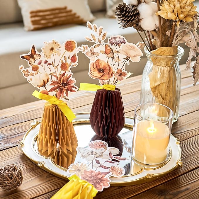 SUNBEAUTY Boho Flower Table Decoration 9Pcs Brown Floral Honeycomb Centerpieces Natural Party Decorations Paper Flower Table Decor for Home Rustic Wedding Baby Shower Neutral Birthday Party Supplies
