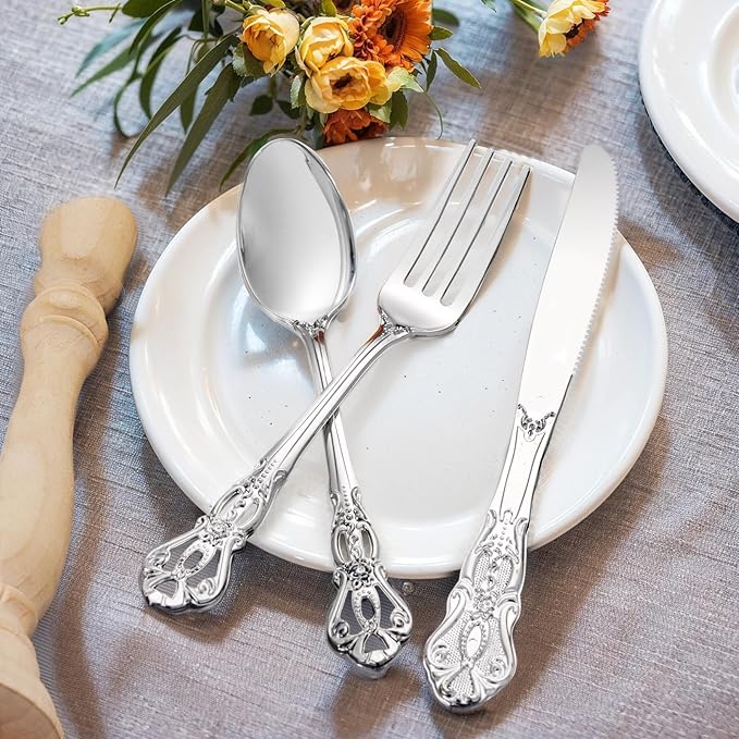 90PCS Silver Plastic Silverware - Heavy Duty Silver Disposable Cutley - Fancy Plastic Utensils Flatware Include 30 Forks, 30 Spoons, 30 Knives for Catering, Parties, Dinners, Weddings