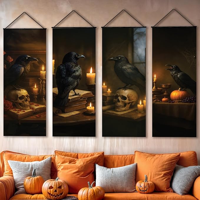KatchOn Spooky Raven and Scull Stretching Portrait - 47x16 Inch, Pack of 4 | Spooky Banner, Posters for Halloween Decorations Indoor | Halloween Photo Backdrop for Spooky Decorations | Gothic Decor,
