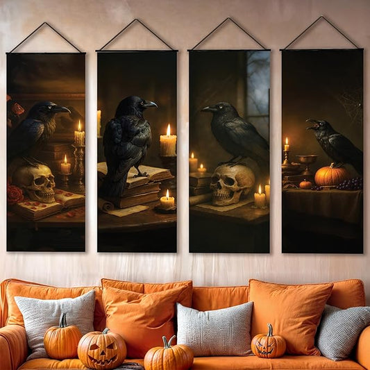 KatchOn Spooky Raven and Scull Stretching Portrait - 47x16 Inch, Pack of 4 | Spooky Banner, Posters for Halloween Decorations Indoor | Halloween Photo Backdrop for Spooky Decorations | Gothic Decor,
