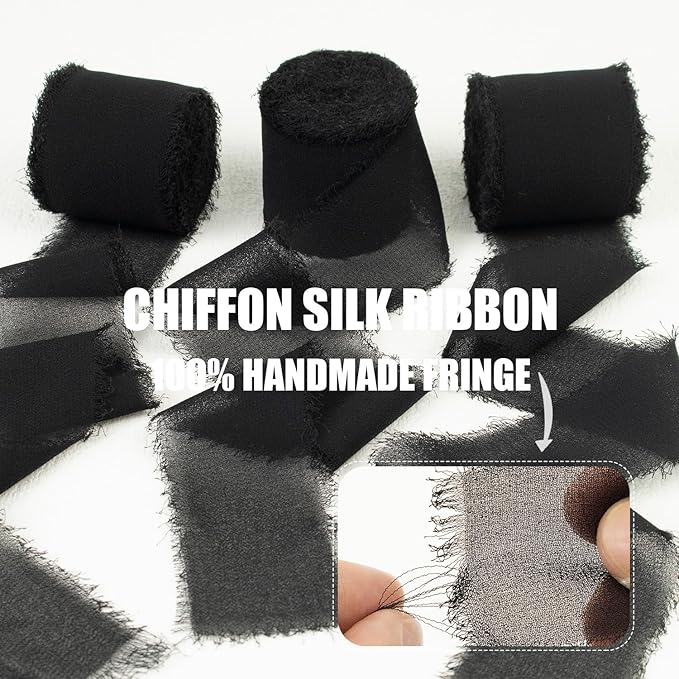 Black Chiffon Ribbon 1-1/2 Inch x 21Yards Handmade Fringe Chiffon Silk Ribbon Boho Frayed Ribbon Black Ribbon for Wedding Invitation, Bridal Flower Bouquets, Floral Arrangement, Gift Wrapping