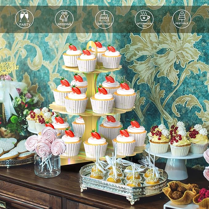 2-Pack 3-Tier Cupcake Stand,Rainbow Gold Cake Tower,Dessert Cupcakes Cardboard Display Holder for Weddings & Parties & Birthday Decoration Supplies（Laser）