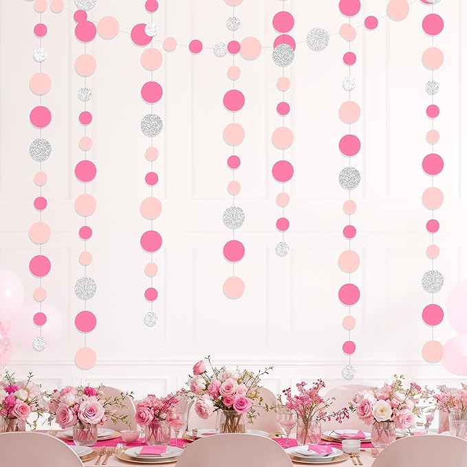 Cheerland Pink Galentine Garland Hanging Decorations Hanging Silver Hot Pink Valentines Polka Dot Streamer for Girls Bachelorette Bridal Shower Pinkmas Birthday Wedding Engagement Backrop Pack of 4