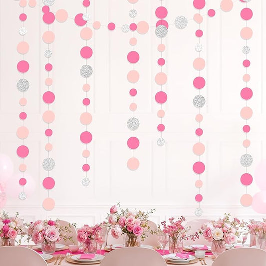 Cheerland Pink Galentine Garland Hanging Decorations Hanging Silver Hot Pink Valentines Polka Dot Streamer for Girls Bachelorette Bridal Shower Pinkmas Birthday Wedding Engagement Backrop Pack of 4