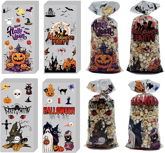EatnMgan 200Pcs Halloween Cellophane Treat Bags,Cellophane Bags,Party Favors Bags Cellophane Treat,Halloween Trick or Treat Goody Gags with 220Pcs Twist Ties for Snacks Cookies Packing