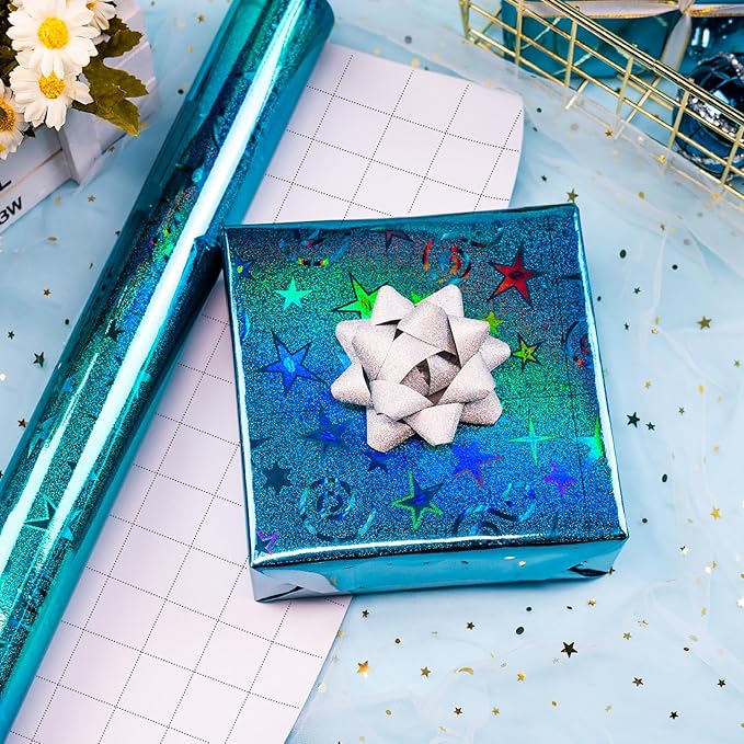 Burymento Blue Wrapping Paper, Metallic Holographic Star Gift Wrap with Shining Design for Birthday, Valentines, Mothers day, Graduation, Wedding, Fathers day, Baby Shower, Christmas (17 IN x 32.8 FT)