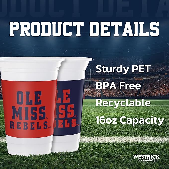 Westrick Ole Miss Rebels 16oz Plastic Cups, 16 Pack – Officially Licensed University of Mississippi Disposable Party Cups with Logo – Tailgating, Game Day, Graduation Parties & Fan Celebrations