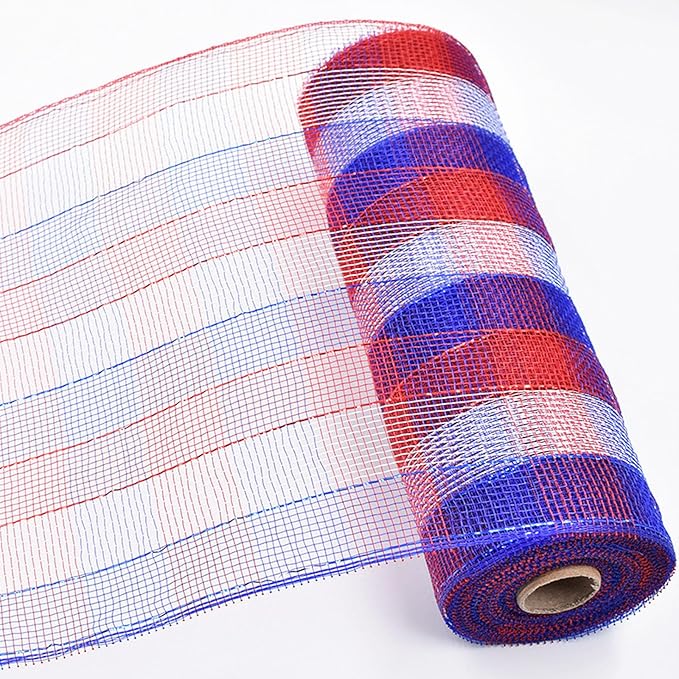 3 Rolls Red White Blue Stripe Deco Mesh Ribbon for Patriotic Wreath Making Supplies, 10 Inch x 30FT Metallic Foil Burlap Deco Mesh Fabric for DIY Crafts Door Wreath Swags and Decorating