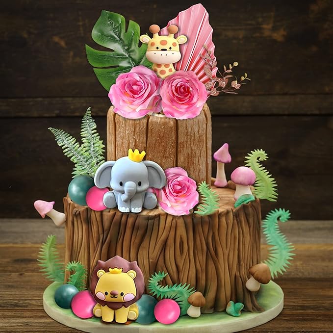 22pcs Safari Jungle Animal Cake Toppers Flower Balls Cake Decoration with Boho Palm Leave Forest Animal Toys and Artificial Flowers for Boys Girls Safari Theme Birthday Party Supplies