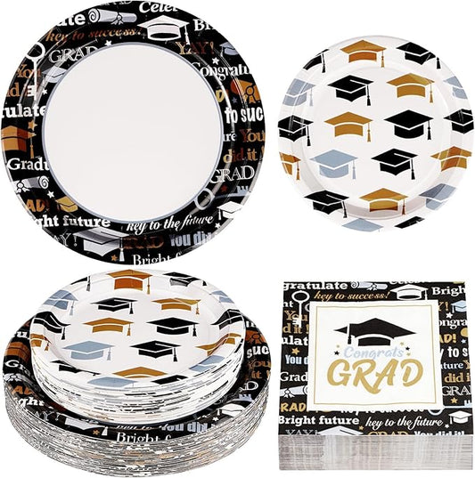 Grencian Graduation Decorations Class of 2026 200Pcs Graduation Plates and Napkins Disposable Congrats Grad Tableware Black Gold Graduation Party Supplies for 2026 Graduations Party, Serve 50