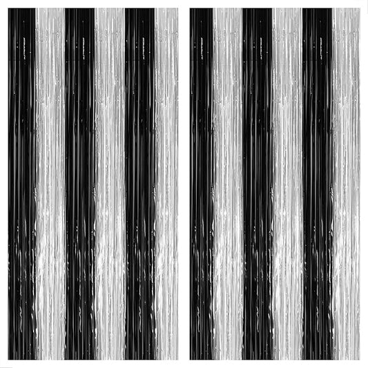 KatchOn, XtraLarge Black and Silver Fringe Curtain - 3.2x8 Feet, Pack of 2 | Black and White Birthday Decorations | Silver and Black Streamers for Graduation Decorations 2026 | Disco Party Decoration