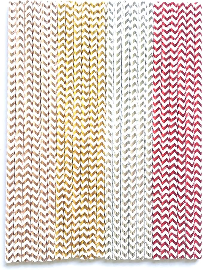 100 pcs Mixed Colorful Party Paper Straws, Shiny Colored Golden Red Rose Gold Silver Foil Wave Zig Zag Drinking Straws Bulk, Juice Bar Holiday Birthday Wedding Cake Pop Sticks (Metallic Chevron 01)