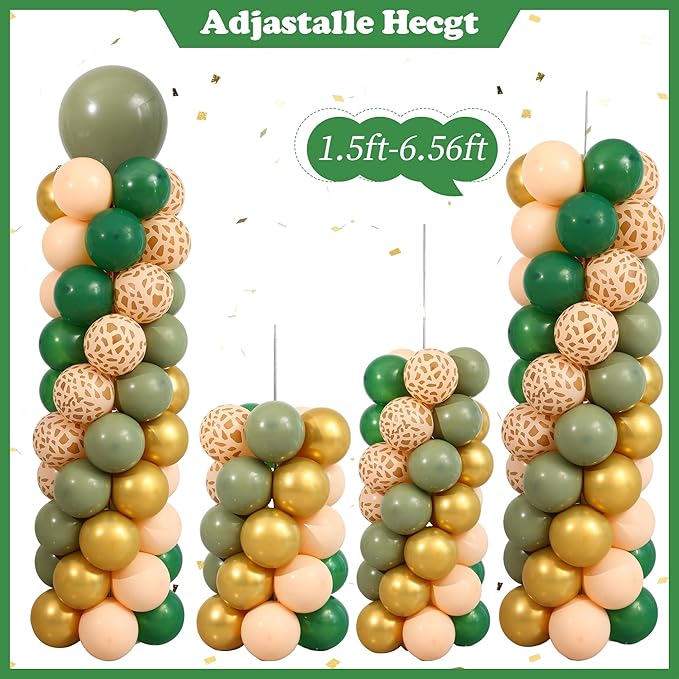 Green and Gold Balloon Column Stand Kit Set of 2, Safari Jungle Baby Shower Wild One Birthday Decorations with 145PCS Sage Green and Gold Animial Print Balloons for Woodland Animial Party Decorations