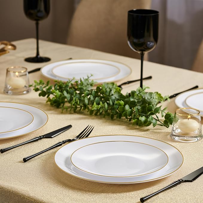 PLASTICPRO 32 Piece Combo Plates Set includes 16-7'' inch Plate & 16-10'' inch Plates White Plastic Organic Party Plate With Gold Rim, Premium heavyweight Elegant, Tableware, Dishes,