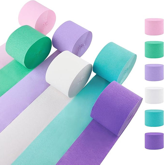 Crepe Paper Streamers 2.2" x 123 Ft Per Roll, Pastel Streamers Party Supplies for Mermaid Princess Birthday Party Baby Shower Wedding Backdrops Decorations, Pink, Green, Blue, White, Purple
