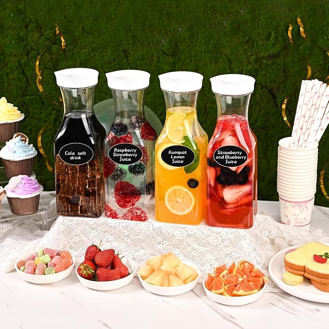 Set of 4 Plastic Carafe with Lid, 1 Liter Mimosa Bar Supplies, Large Square Base Juice Containers, Water Bottle, Milk Container, Clear Beverage Containers for Fridge - HAND WASH ONLY