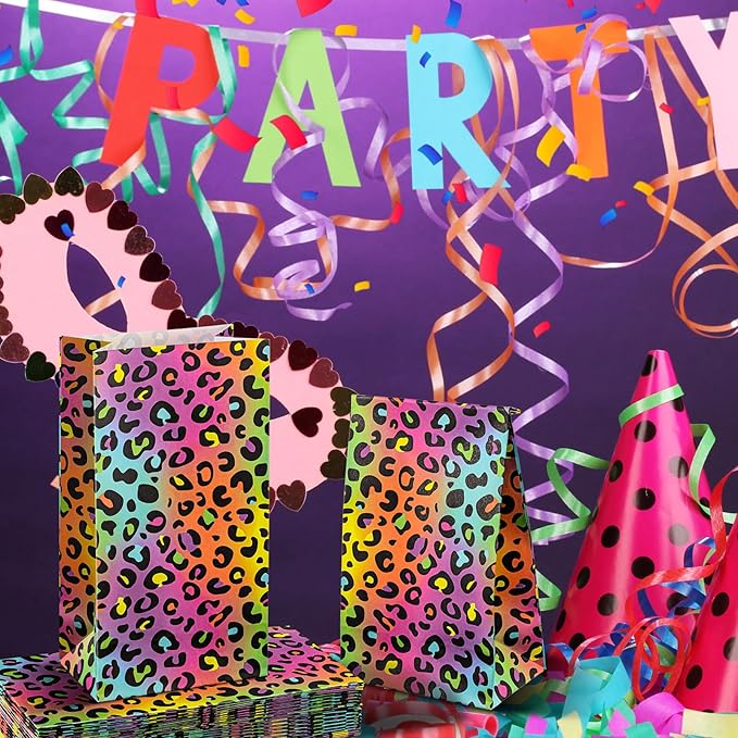 Leinuosen 24 Pcs Neon Rainbow Leopard Paper Bags Cheetah Birthday Party Favor Cheetah Paper Treat Bags for Leopard Birthday Bridal Shower Christmas Party Decorations