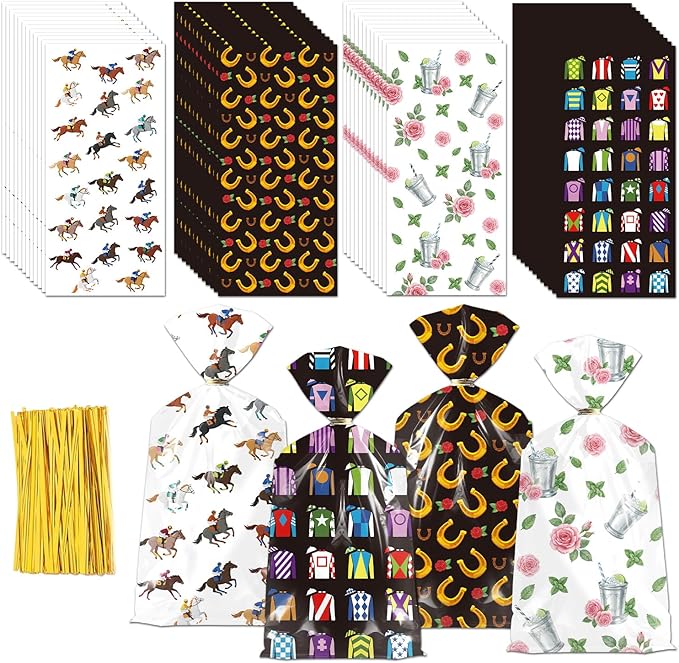 RAXFLY 100 Pcs Horse Goodie Bags, Western Horse Racing Cellophane Candy Bags with Gold Ties, Cowboy Party Treat Bags for Birthday Party Supplies