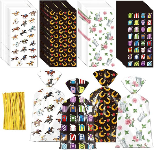 RAXFLY 100 Pcs Horse Goodie Bags, Western Horse Racing Cellophane Candy Bags with Gold Ties, Cowboy Party Treat Bags for Birthday Party Supplies