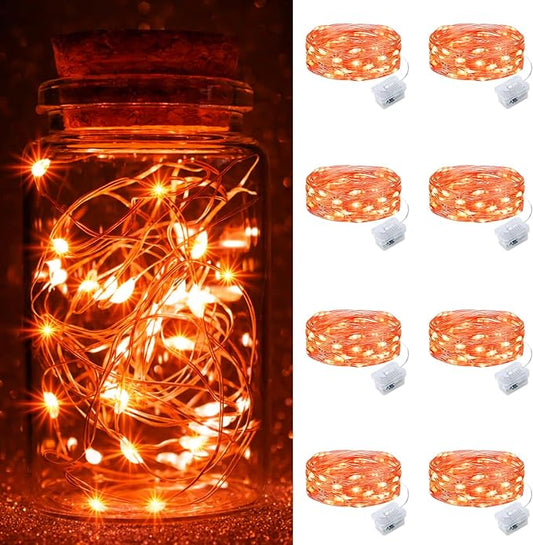 pozzolanas 8 Pack Orange Fairy Lights Battery Operated 3 Modes 7FT 20 LED Waterproof String Lights Twinkle Silver Wire for Mason Jars Wedding Christmas Halloween Party Decor (8, Orange)