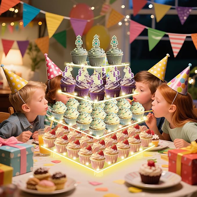 Cupcake Stand with Lights, 4 Tier Acrylic Cupcake Tower with Yellow LED String Lights, Clear Cupcake Display Stand for Wedding,Baby Shower, Birthday