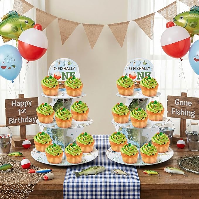 2Sets Go Fishing Cupcake Stand Decorations 3 Tier Ofishally One Birthday Decorations Gone Fishing 1st Cupcake Stand Dessert Tower Holder for Kids Baby Shower Little Fisherman Birthday Party Favor