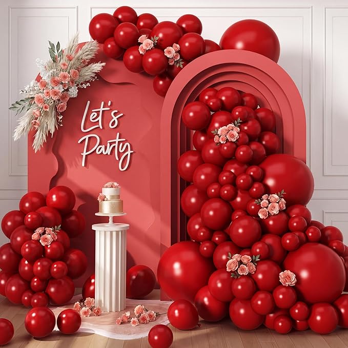 RUBFAC 129pcs Ruby Red Balloon Arch Kit, Different Sizes 18 12 10 5 Inches Cherry Red Burgundy Balloons for Garland Birthday Wedding Party Decorations