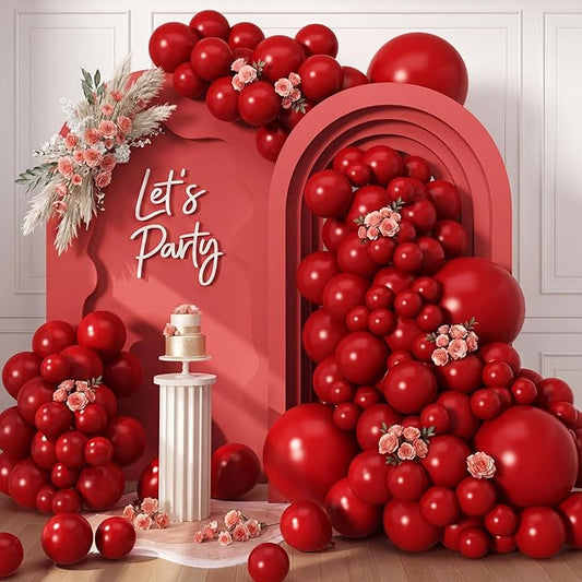 RUBFAC 129pcs Ruby Red Balloon Arch Kit, Different Sizes 18 12 10 5 Inches Cherry Red Burgundy Balloons for Garland Birthday Wedding Party Decorations