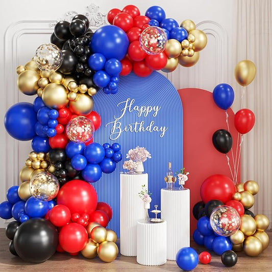 Red Black Blue Gold Balloons Garland Arch Kit, 167Pcs Latex Balloons Different Sizes 18 12 10 5 inch for Graduation Birthday Baby Shower Spider Theme Party Decorations