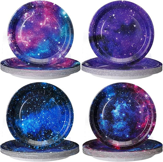 Sunnyray 100 Pcs Galaxy Paper Plates 9 Inch Space Woodland Party Plates Starry Night Mermaid Car Block Dessert Dinnerware for Solar System Theme Party Wedding