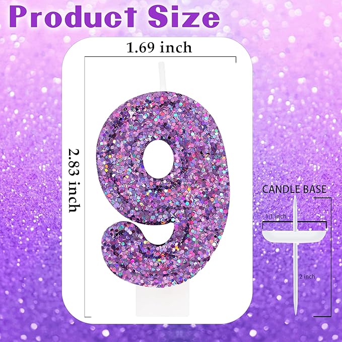Deep Purple Glitter Birthday Candles for Girls - Number 9 Candle Cake Topper for Purple Fairy Birthday Party Decorations