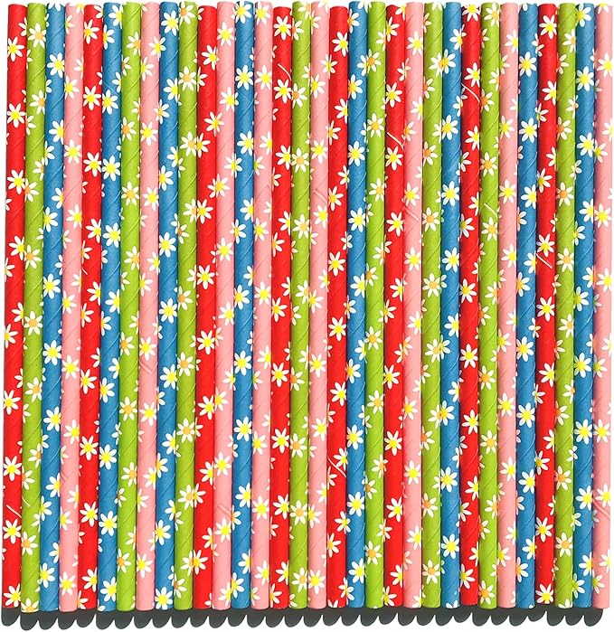 100 pcs Floral Garden Tea Party Paper Straws, Yellow White Daisy Flower Pink Blue Red Green Ditsy Drinking Straws, Vintage Spring Summer Wedding Baby Bridal Shower Cake Pop Sticks (Daisy Bouquet)