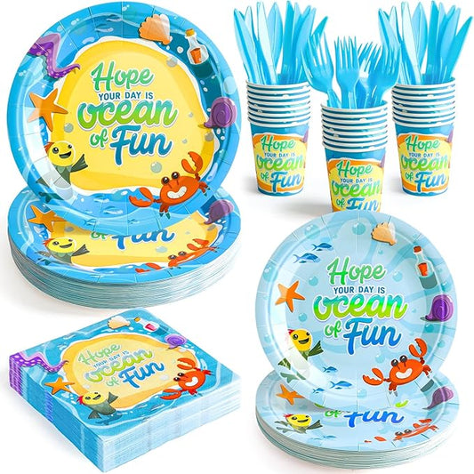 144Pcs Under the Sea Animal Birthday Party Supplies Decorations Paper Plates Napkins Vintage Puppy Party Tableware Disposable Ocean Dinnerware Set for Kids Birthday Baby Shower Table Decor, Serve 24