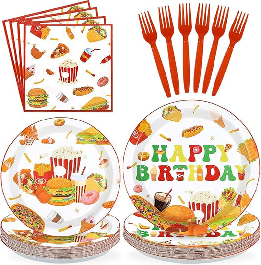96Pcs Fast Food Birthday Party Supplies Hamburger Hot Dog Plates and Napkins Pizza Party Decorations Tableware Set for Adults Kids Picnic Baby Shower Sausage BBQ Serves 24