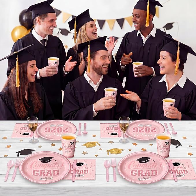 Pajean 350 Pcs Pink and Gold Graduation Decorations Class of 2026 Disposable 12 inch Oval Plates Napkins Heavy Duty Paper Oval Tableware Set for 50 Guests College High School Grad Party Supplies