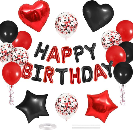 CANREVEL Happy Birthday Balloons Banner 16 Inch Mylar Foil Letters with Star & Heart Balloons Birthday Party Decorations for Men and Women - 30 Pcs Black Red