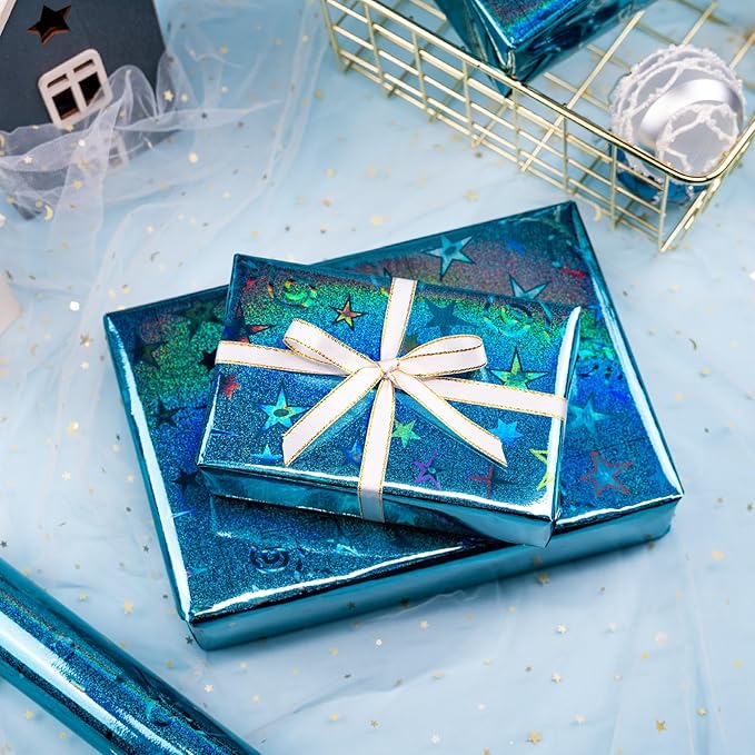 Burymento Blue Wrapping Paper, Metallic Holographic Star Gift Wrap with Shining Design for Birthday, Valentines, Mothers day, Graduation, Wedding, Fathers day, Baby Shower, Christmas (17 IN x 32.8 FT)