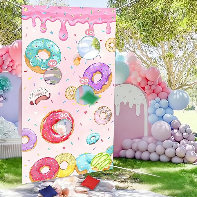 Serencatcher Donut Toss Game Banner with 3 Bean Bags Donut Bean Bag Toss Games Backdrop Background for Donut Party Games Donut Birthday Baby Shower Party Decorations Supplies