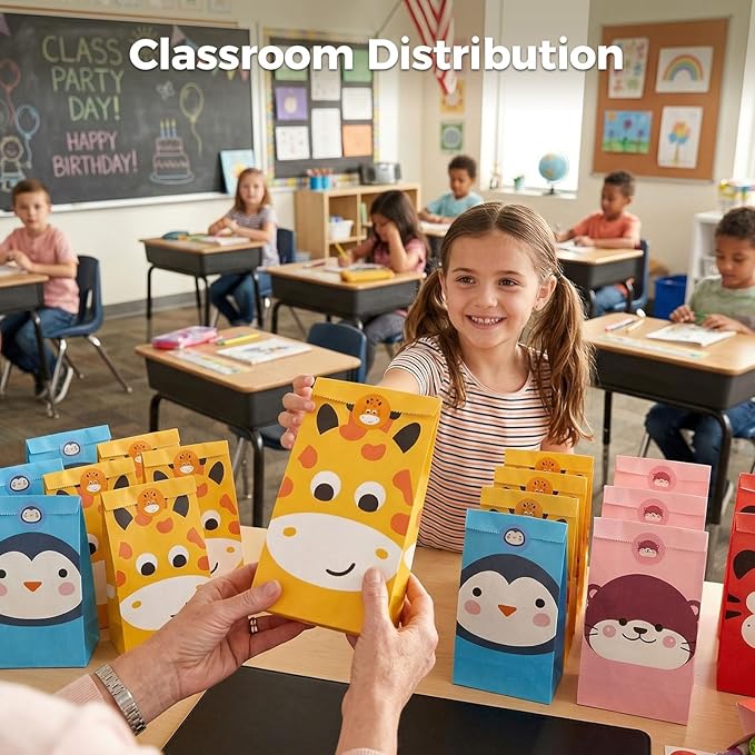 VGOODALL 24 Pack Party Favor Bags with Stickers, 4.7"x 3.1"x 8.7" Animal Paper Treat Bags for Kids Birthdays Classroom Rewards Goodie Gift Supplies