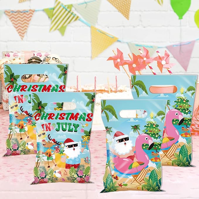 MOIZYNG Christmas in July Decorations, 50Pcs Christmas in July Plastic Candy Treat Goodie Gift Bags with Handles, Summer Hawaiian Beach Pool Party Favors Supplies