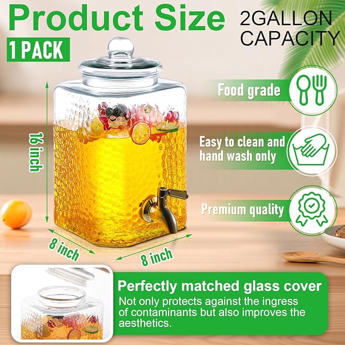 1 Pack 2.5 Gallon Glass Water Drink Dispenser for Party, Hammered Glass Beverage Dispenser, Water Jug Container with Stainless Steel Spigot for Parties, Weddings, Catering, Lemonade, Iced Tea