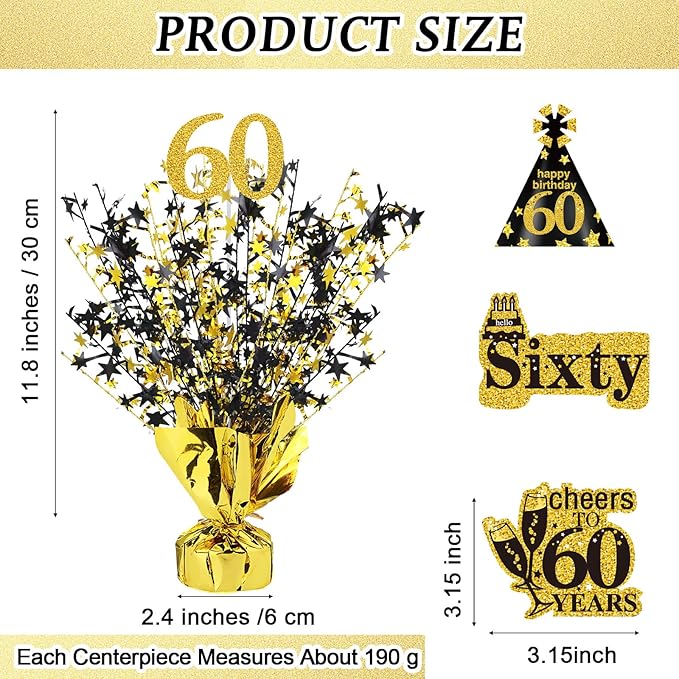 Tatuo 4 Pcs Metallic Foil Spray Centerpiece Happy 30th 40th 50th 60th Years Centerpiece Table Decorations for Black and Gold Birthday Anniversary Wedding Party Table Decor(60th Birthday)