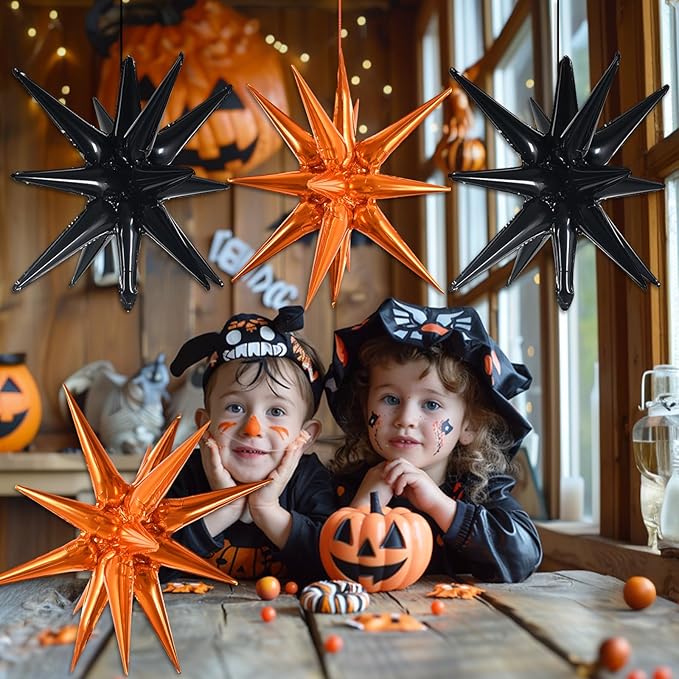 TONIFUL 4Pcs 22 Inch 4D Huge Star Balloons,Explosion Star Mylar Foil Balloons for 2026 Graduation Party Supplies Halloween Backdrop,Christmas,New Year,Birthday Photo Booth Ornament (Black Orange)