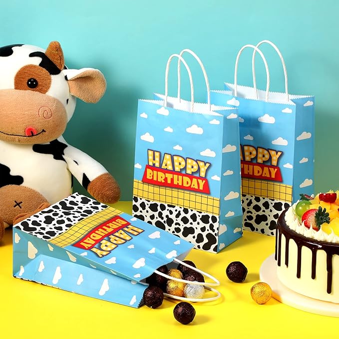 16 Pcs Cartoon Story Party Favor Bags, Cow Pattern Goodie Treat Bags, Blue Sky White Cloud Kraft Paper Candy Gift Bags With Handle for Kids Birthday Party Decorations