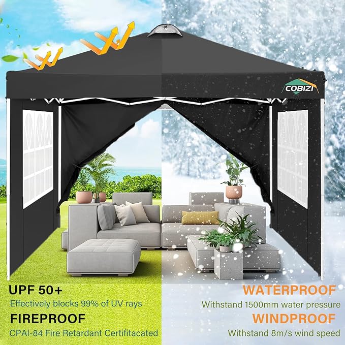 COBIZI 10x10 Pop Up Canopy Tent, One Push Outdoor Gazebo with 4 Removable Sidewalls & Air Vent, Waterproof Commercial Easy Up Adjustable Canopy with 4 Sandbags, 4 Stakes & 8 Ropes for Party,Black