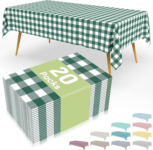 Smiry 20 Packs Gingham Disposable Table Cloth, 54 x 108 Inch Waterproof Plastic Tablecloth, Rectangle Hunter Green and White Checkered Table Covers for Picnic, Birthday, Party